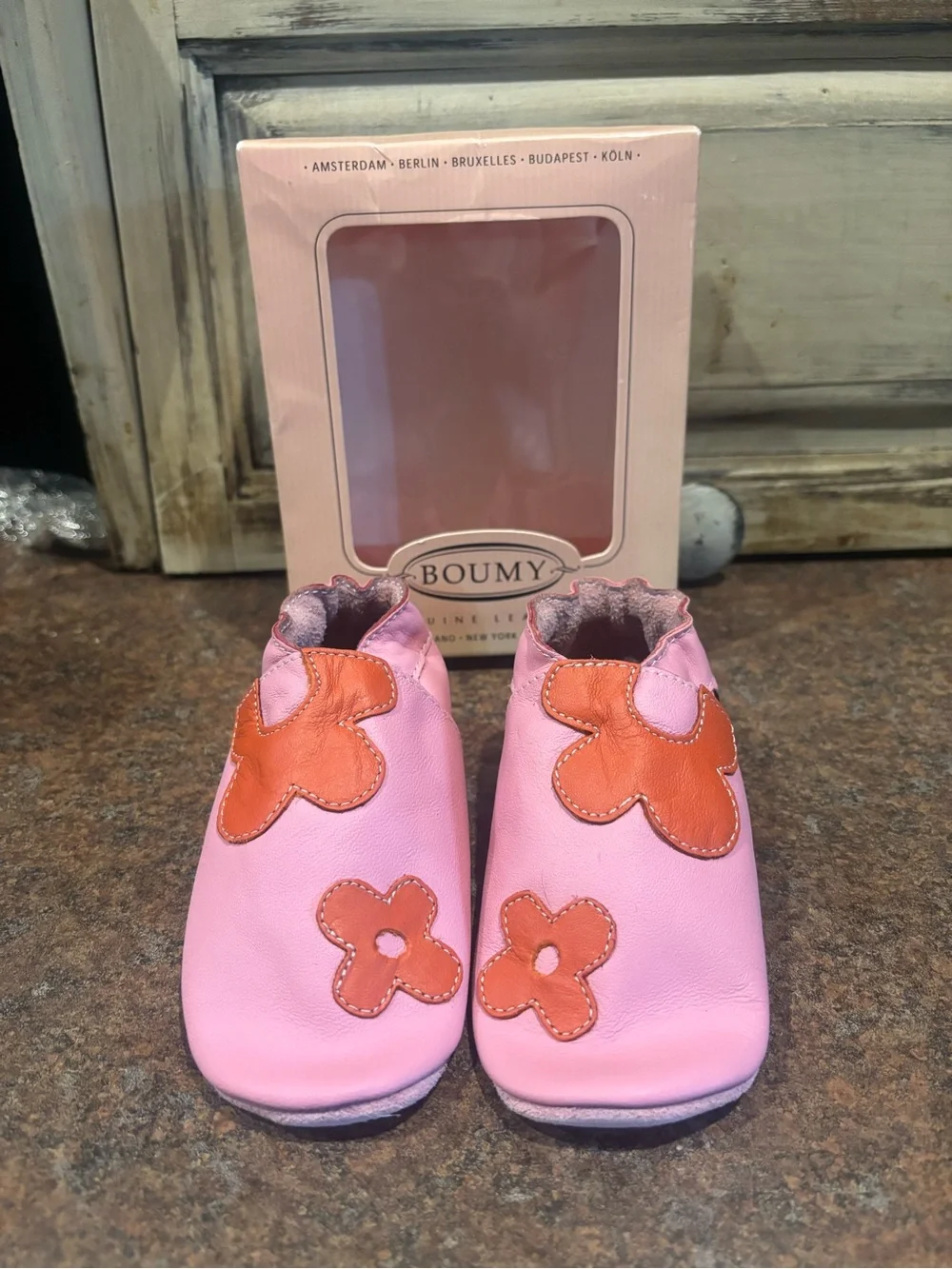 Pink Leather Kids Shoes with Orange Flower Appliqués